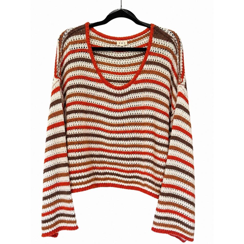 POL Crochet Sweater Wns Medium Boho Coastal Cowgirl Open Knit VNeck Bell Sleeve